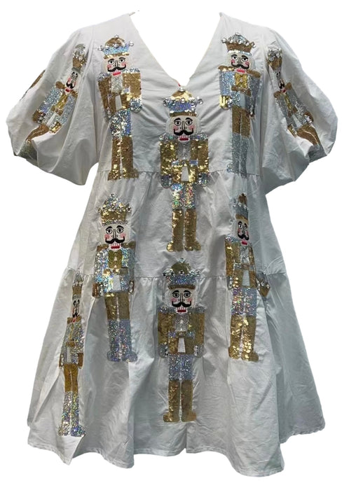 White, Gold & Silver Poof Sleeve Nutcracker Dress