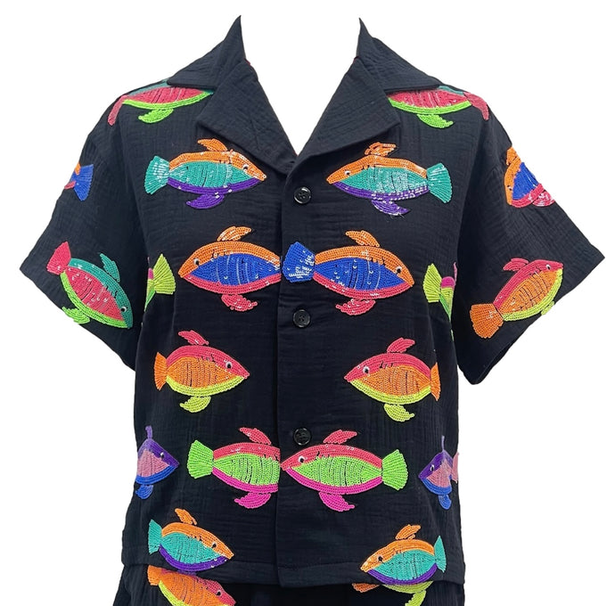 Black & Neon Fish Gauze Top - Queen of Sparkles