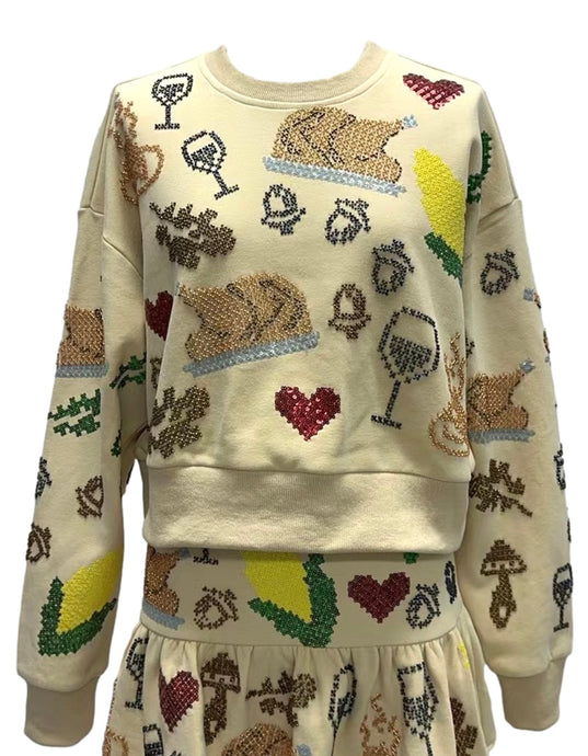 Tan Scattered Needlepoint Turkey Dinner Cropped Sweatshirt - Queen of Sparkles