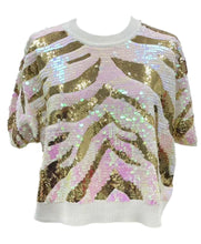 White & Gold Full Sequin Tiger Stripe Short Sleeve