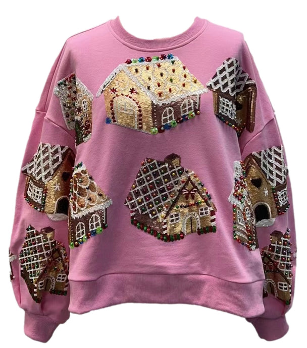 Pink Gingerbread House Sweatshirt - Queen of Sparkles