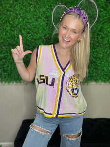 Licensed- White, Purple & Gold LSU Full Sequin Button Up Sweater Vest