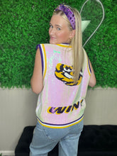 Licensed- White, Purple & Gold LSU Full Sequin Button Up Sweater Vest