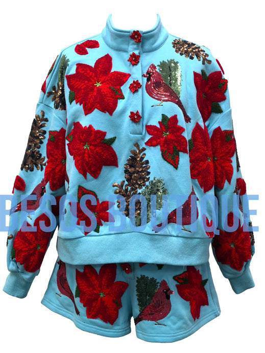 Aqua Poinsettia, Cardinal & Pine Cone Henley Sweatshirt