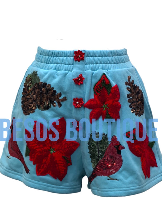 Aqua Poinsettia, Cardinal & Pine Cone Henley Short