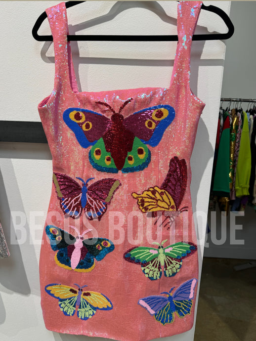 Pink Multi Butterfly Full Sequin Tank Dress