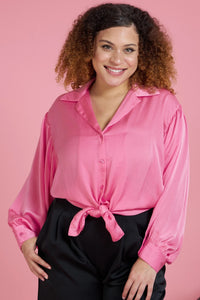 Pretty in Pink Tie Front Button Top - Curvy